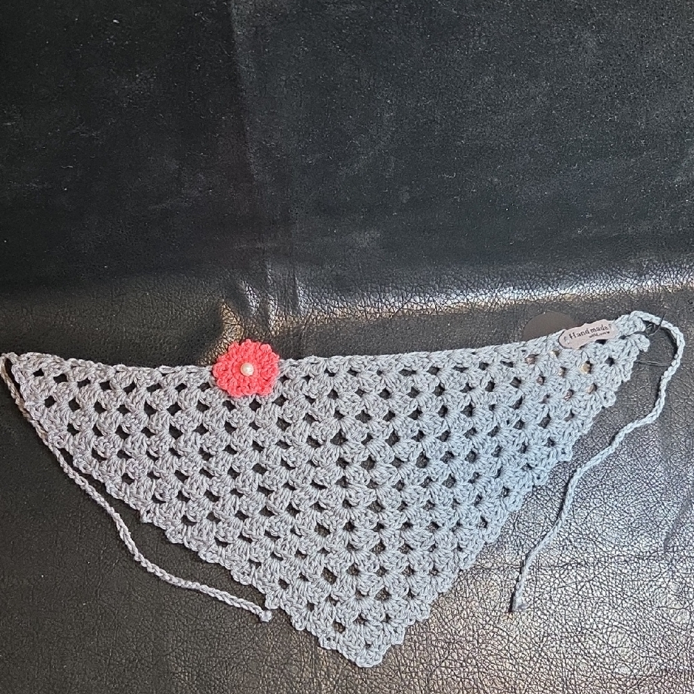 Handmade Crochet Bandana Scarf with Pink Flower